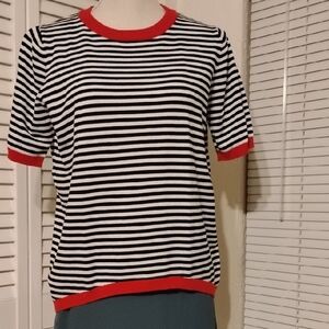 Classic Black and White Striped Tee with Red Accents